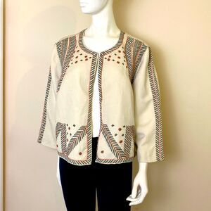 Chico’s Tan Cotton/Linen Jacket with Embroidery and Beading Large 14/16 …